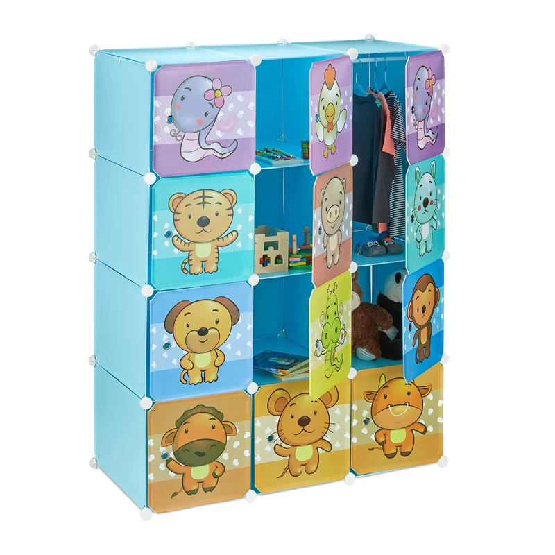 Relaxdays Children’s Modular Shelf, Cute Animal Prints, Plastic System, Doors, Wardrobe, Clothes Rails, Blue