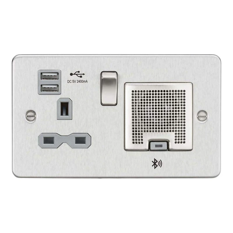 Knightsbridge FPR9905BCG FPR9905 Flat Plate 13A Socket, USB Chargers (2.4A) and Bluetooth Speaker, 230 V, Brushed Chrome