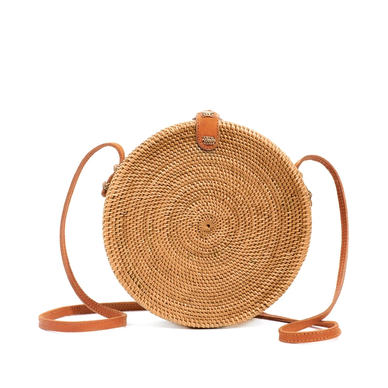 Novum Crafts Rattan Bags for Women - Handmade Wicker Woven Purse Handbag Circle Boho Bag Bali, Brown Medium - Image 1