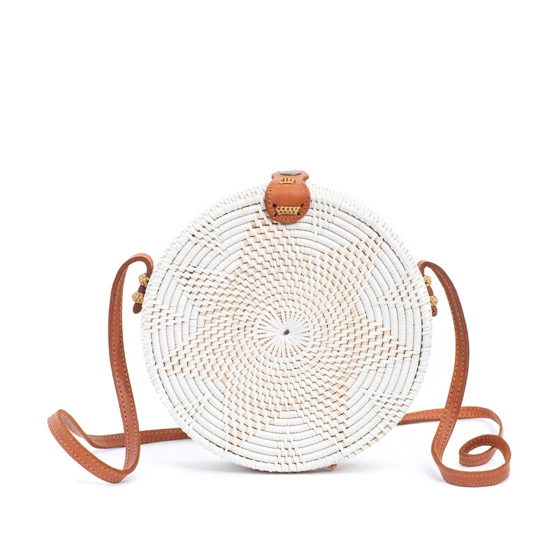 Rattan Bags for Women - Handmade Wicker Woven Purse Handbag Circle Boho Bag Bali, White - Image 1