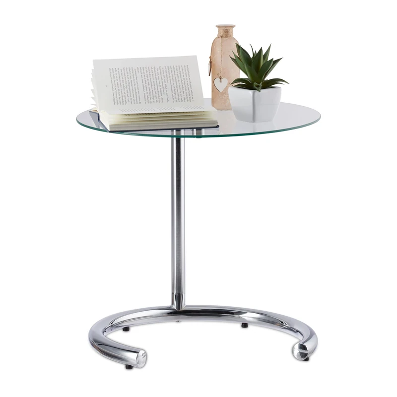 Relaxdays Height-Adjustable Coffee Table 70 cm, Round Living Room Stand, Chromed Steel, Glass Top 46 cm Ø, Silver