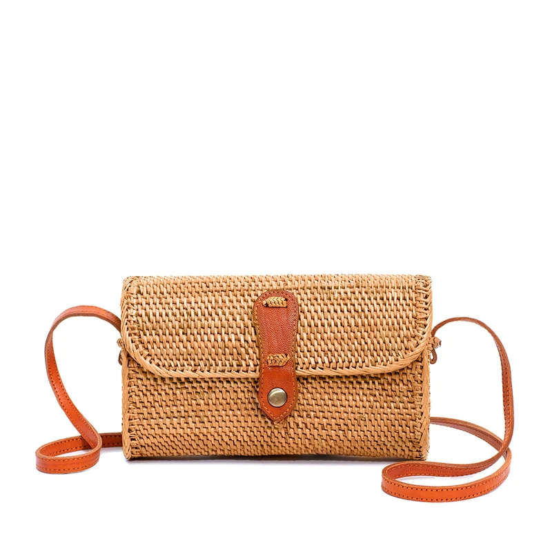 Novum Crafts Round Rattan Bag for Women - Handmade Ata Wicker Woven Purse - Circle, Square, Oval Brown Straw Boho Bags, Square Small, 8” x 3" (20,3 cm x 7,6 cm) - Image 1