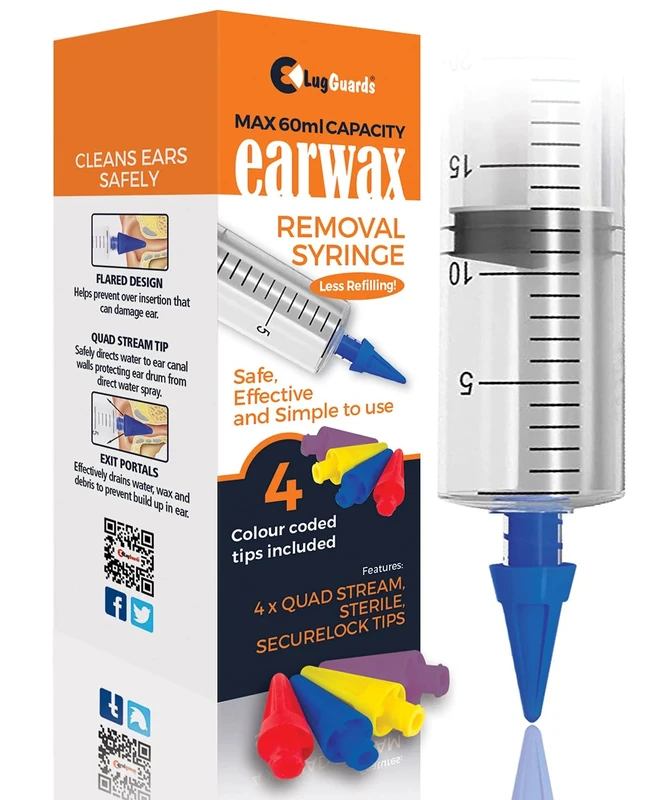 LUGGUARDS® 60ml HIGH Capacity Quad Stream Ear Wax Removal Syringe with 4 STERILE Colour Coded Tips