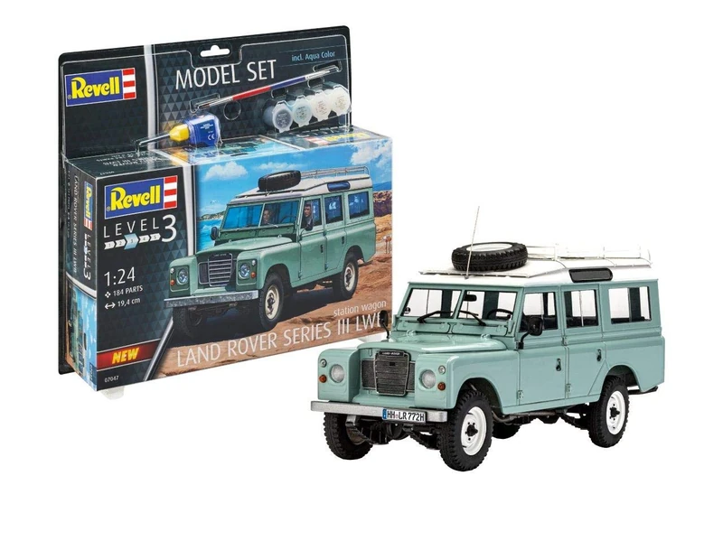 Revell Model Set 67047 Land Rover Series III LWB station wagon 1:24 Scale Unbuilt/Unpainted Plastic Model Kit with Contacta Professional Glue, Paintbrush & Selected Aqua Color Paints