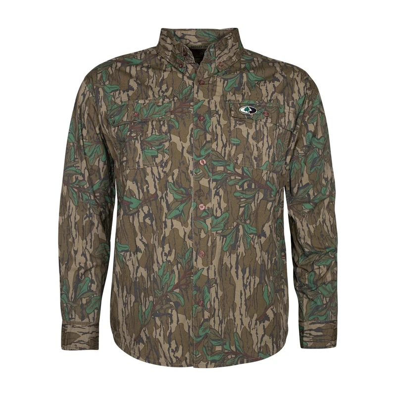 Mossy Oak Unisex-Adult Men's Long Sleeve Camo Hunting Shirts Cotton Mill, Greenleaf, Large