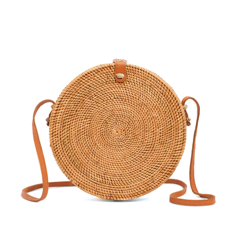 Novum Crafts Round Rattan Bag for Women - Handmade Ata Wicker Woven Purse - Circle, Square, Oval Brown Straw Boho Bags, Brown Big, Diameter: 9 3/4” (25 cm)