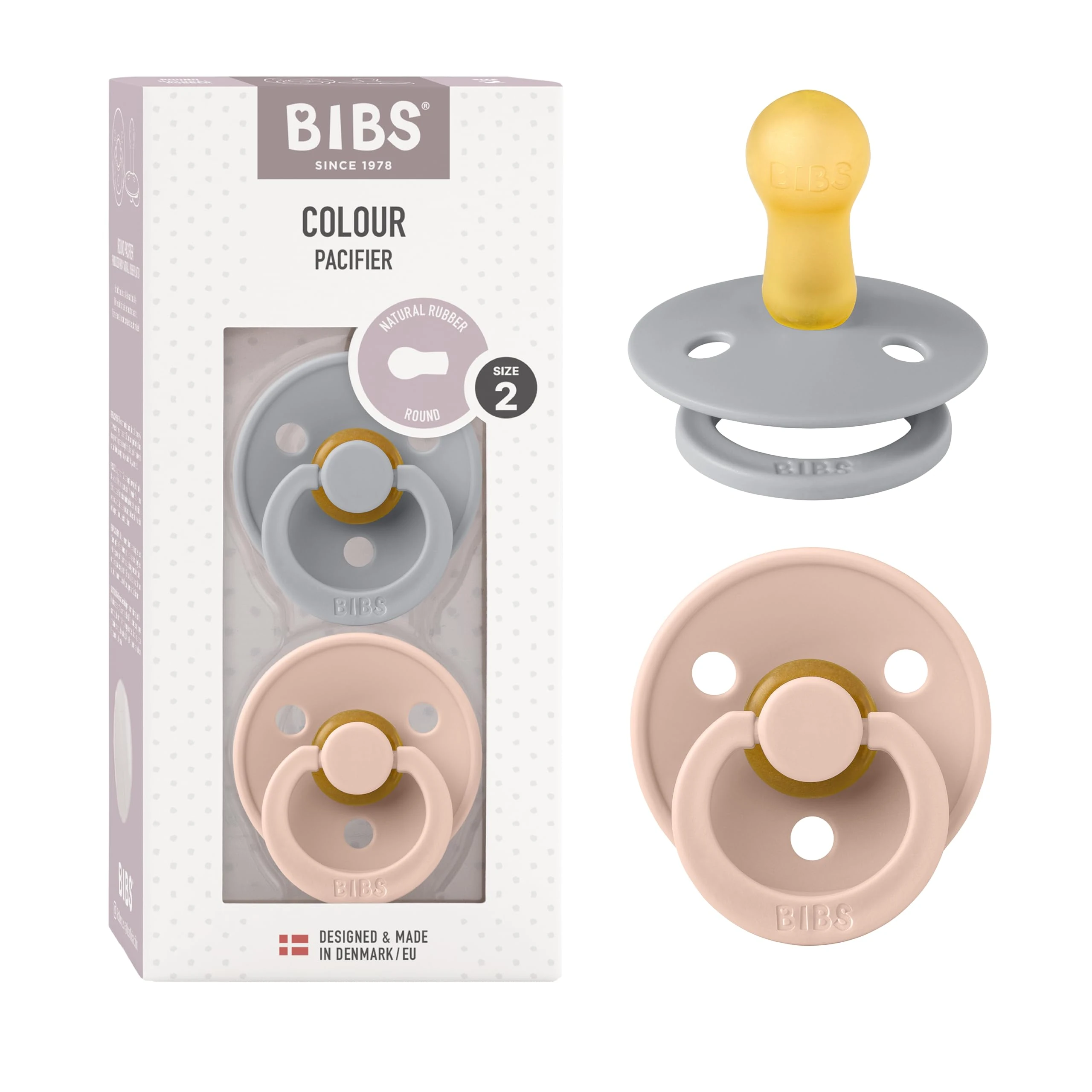 BIBS Colour Soother 2-Pack, BPA Free Dummy Pacifier, Round Nipple. Natural Rubber Latex, Size 2 (6-18 Months), Cloud/Blush