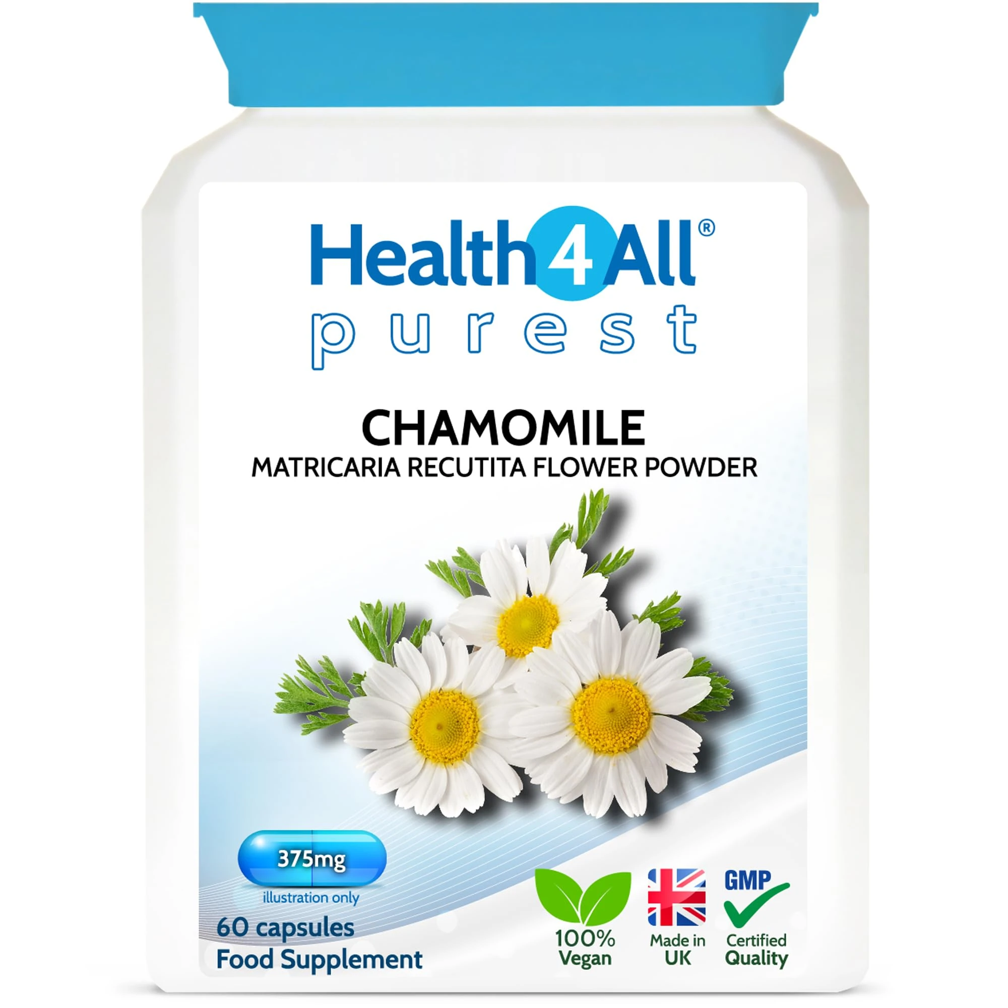 Health4All Chamomile 375mg, 60 Capsules 2 Months Supply, Purest Anxiety, Stress, Sleep and Digestive Health Supplement, Vegan Chamomile Flower Powder (not Extract) Capsules (not Tablets) | Made in UK