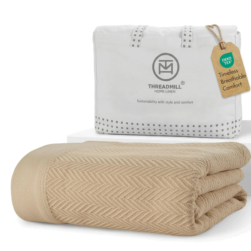 Threadmill 100% Pure Cotton, Queen Size Beige Blanket - Herringbone Pattern, Lightweight, Soft & Cozy Premium Fall Throw Blanket for All Seasons, 350GSM & 90x92 with Free Tote Bag