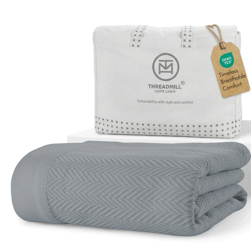 Threadmill Luxury Cotton Blankets | All-Season 100% Cotton | Herringbone Cozy Lightweight, Soft Breathable Fall Thermal Blanket fits Full/Queen Size Bed | Scottish Grey