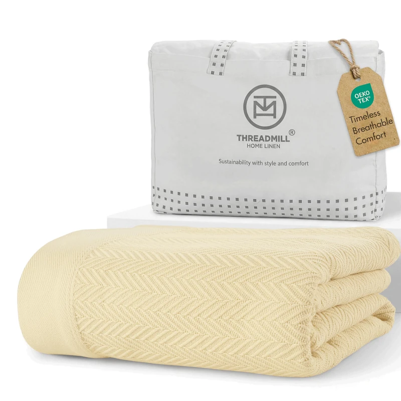 Threadmill 100% Pure Cotton, King Size Vanilla Cream Blanket - Herringbone Pattern, Soft & Cozy Premium Fall Throw Blanket for All Seasons, 350GSM & 106x92 with Free Tote Bag