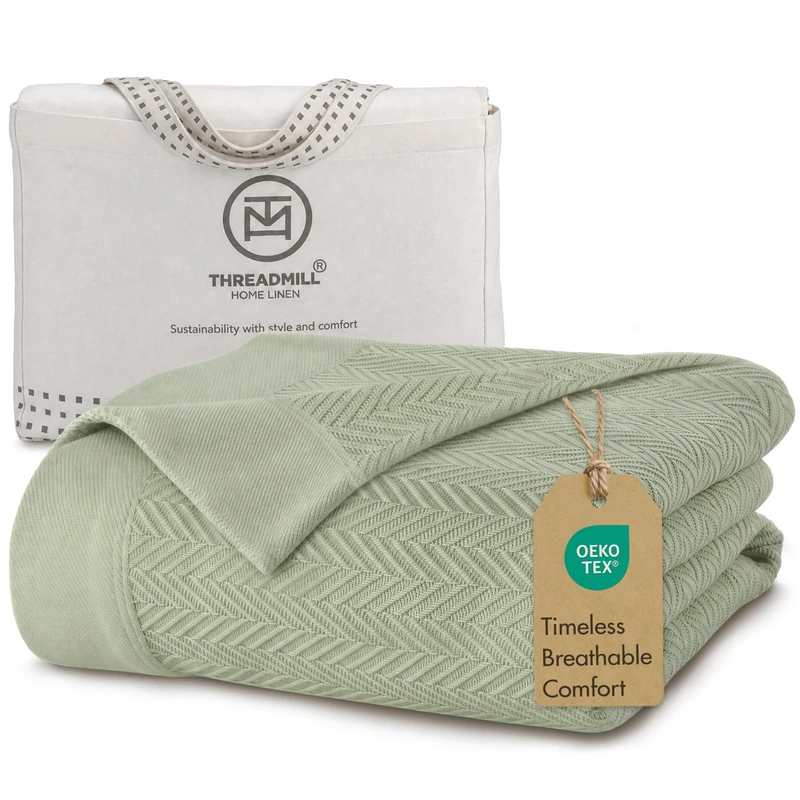Threadmill 100% Pure Cotton, Twin Size Soft Sage Blanket - Herringbone Pattern, Lightweight, Soft & Cozy Premium Fall Throw Blanket for All Seasons, 350GSM & 68x92 with Free Tote Bag