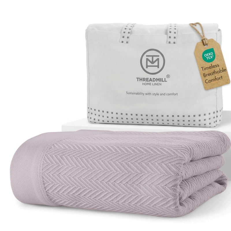 Threadmill 100% Pure Cotton, King Size Warm Lilac Blanket - Herringbone Pattern, Lightweight, Soft & Cozy Premium Fall Throw Blanket for All Seasons, 350GSM & 106x92 with Free Tote Bag