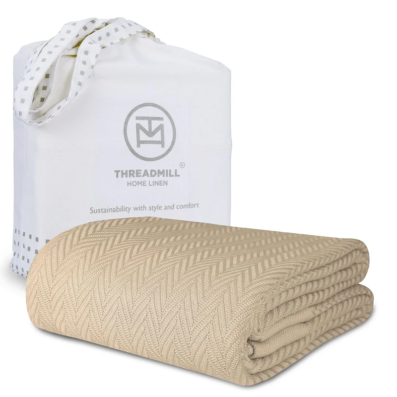 Threadmill 100% Pure Cotton, King Size Beige Blanket - Herringbone Pattern, Lightweight, Soft & Cozy Premium Fall Throw Blanket for All Seasons, 350GSM & 106x92 with Free Tote Bag
