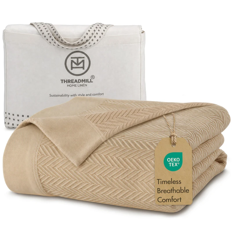 Threadmill 100% Pure Cotton, Twin Size Beige Blanket - Herringbone Pattern, Lightweight, Soft & Cozy Premium Fall Throw Blanket for All Seasons, 350GSM & 68x92 with Free Tote Bag