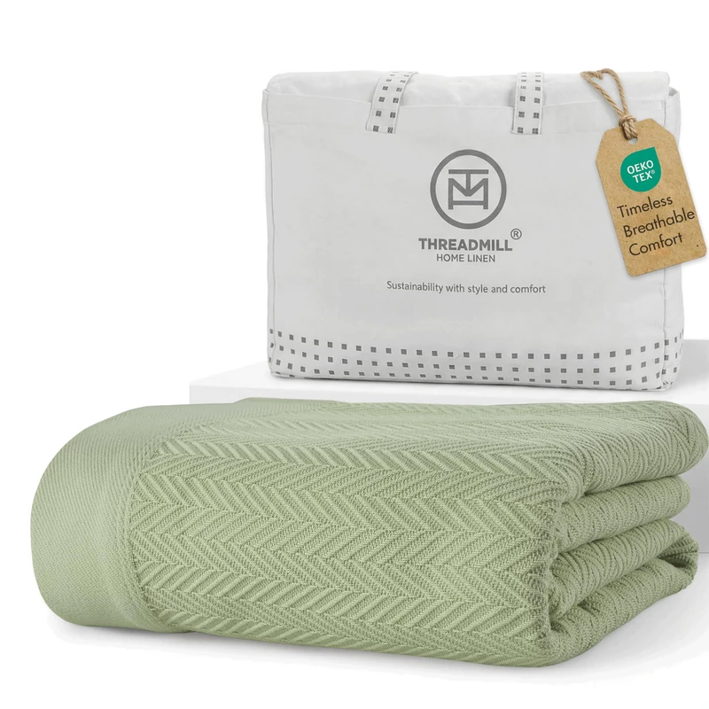 Threadmill Luxury Cotton Blankets for King Size Bed | All-Season Cozy 100% Cotton King Size Blanket | Herringbone Soft & Lightweight Fall Thermal Blanket fits California King Size Bed | Sage Green