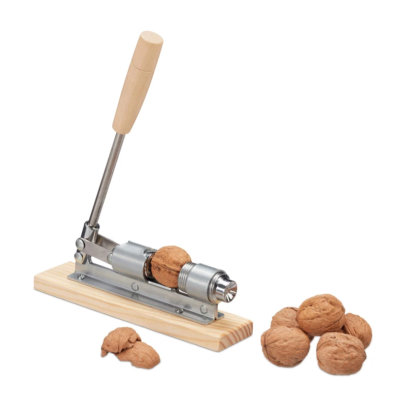 Relaxdays Retro Wooden Nutcracker, Adjustable, Nut Opener, Lever, Metal, Silver/Natural