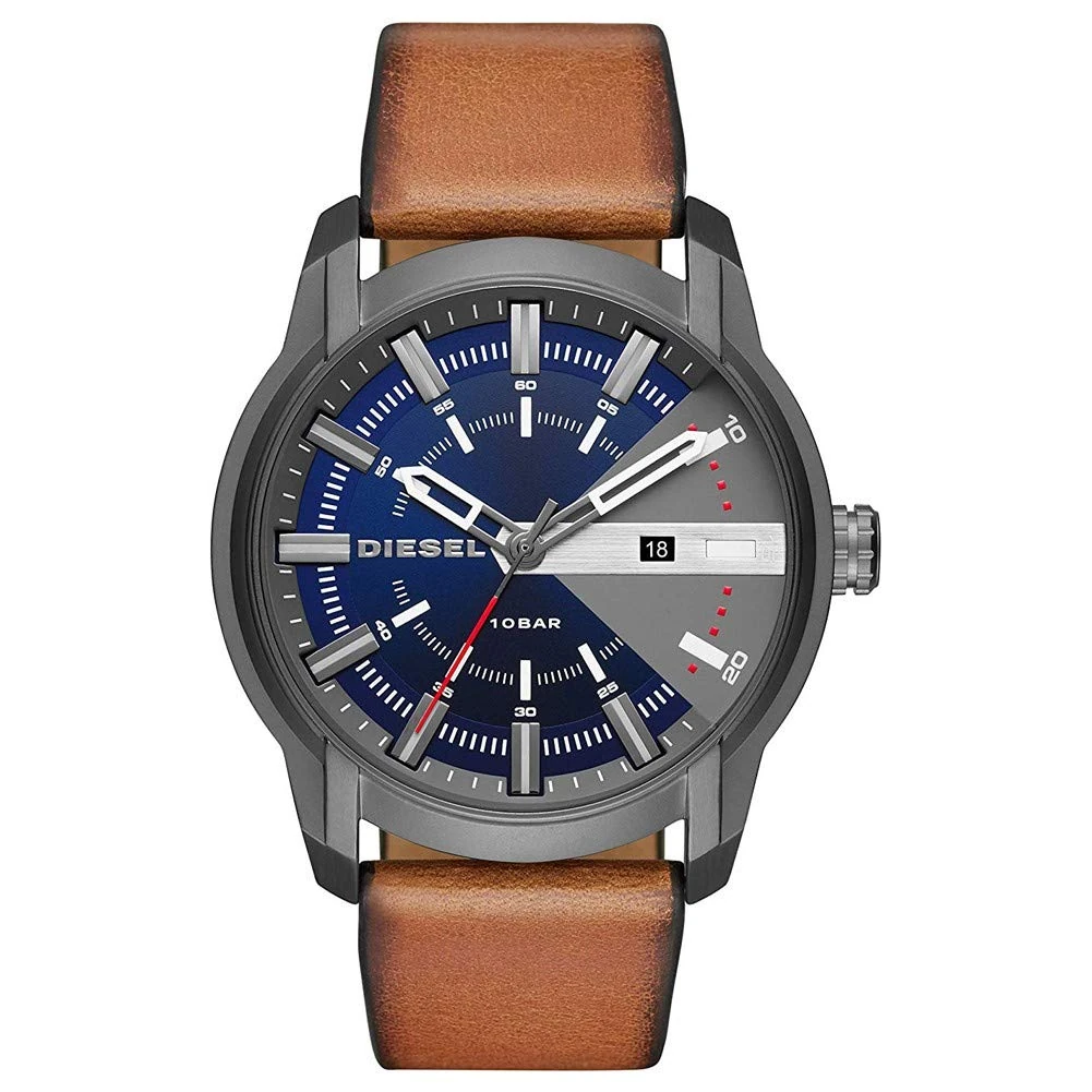 Diesel Watch for Men Armbar, Three Hand Date Movement, 45 mm Gunmetal Stainless Steel Case with a Leather Strap, DZ1784