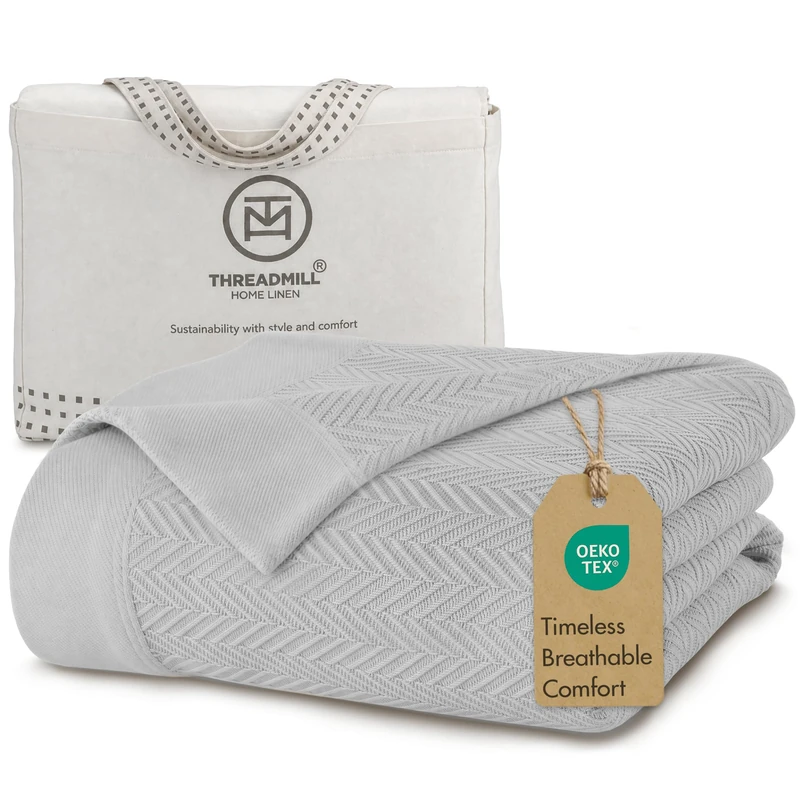 Threadmill 100% Pure Cotton, King Size Light Grey Blanket - Herringbone Pattern, Lightweight, Soft & Cozy Premium Fall Throw Blanket for All Seasons, 350GSM & 106x92 with Free Tote Bag