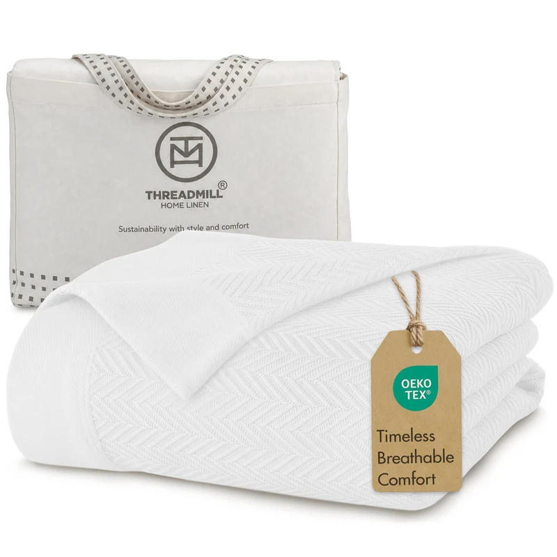 Threadmill Luxury Cotton Blankets for King Size Bed | All-Season Cozy 100% Cotton King Size Blanket | Herringbone Soft & Lightweight Fall Thermal Blanket fits California King Size Bed, 104x92 | White