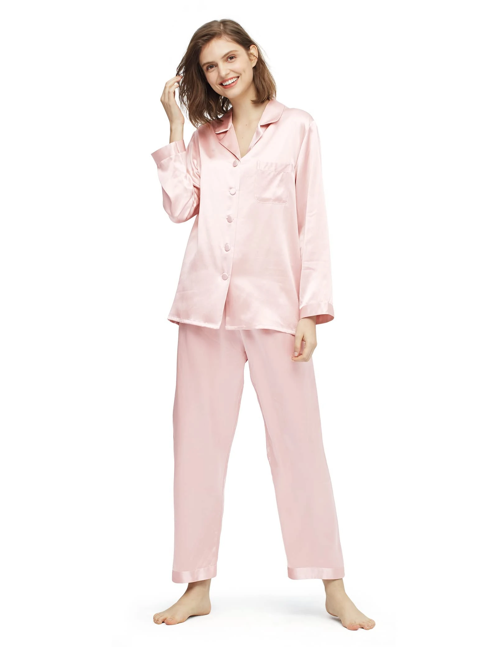 LilySilk Real Silk Pajamas for Women Comfy Two Piece Set Long Sleeve 19 Momme Pure Mulberry Natural Silk Sleepwear Ladies Light Pink Size XL