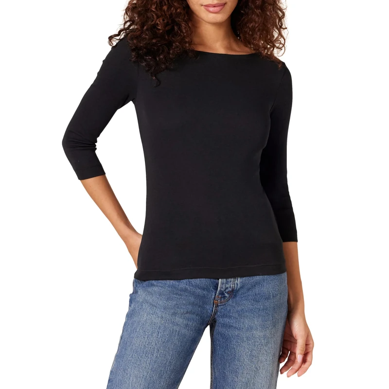 Amazon Essentials Women's Slim-Fit 3/4-Sleeve Boat-Neck T-Shirt, Black, M