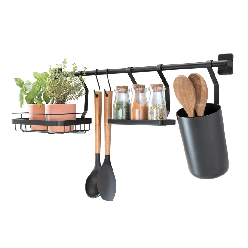 iDesign Kitchen Wall Organiser, Metal Hanging Storage with 2 Hooks, Small Shelf, Kitchen Utensil Holder and Spice Rack, Matte Black, 63.8 x 14.5 x 23.8 cm