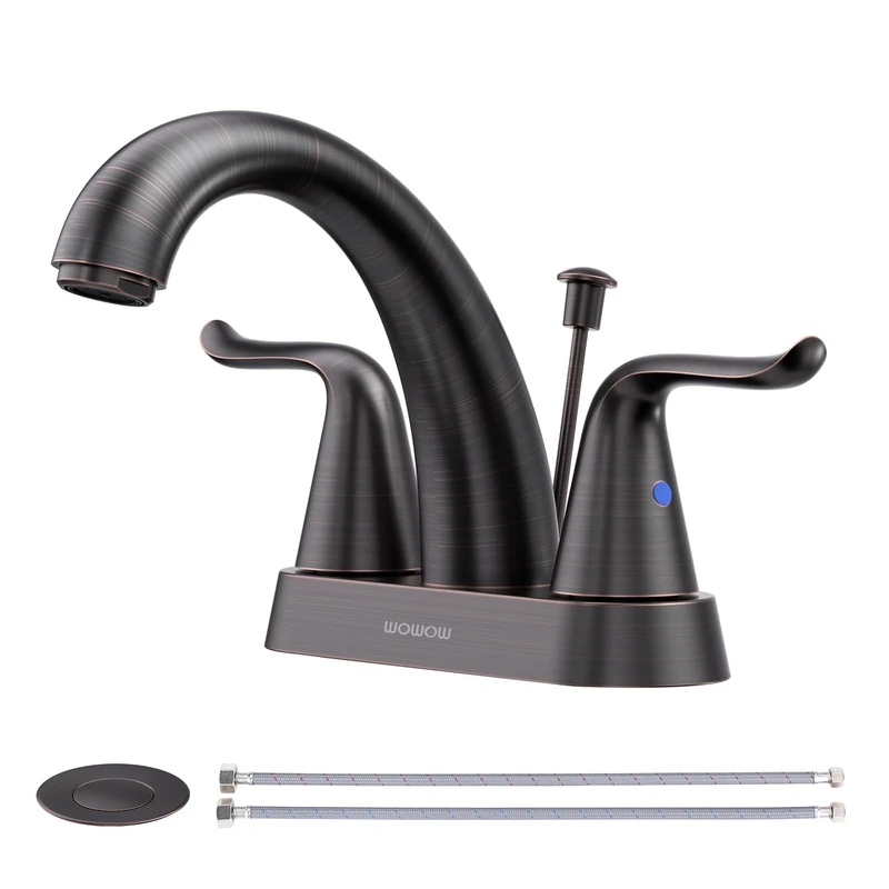 WOWOW Bathroom Faucet 4 inch Centerset Bathroom Sink Faucet Lift Rod Drain Assembly Stainless Steel Faucets for Bathroom Faucet Oiled Rubbed Bronze Black Lavatory Faucet