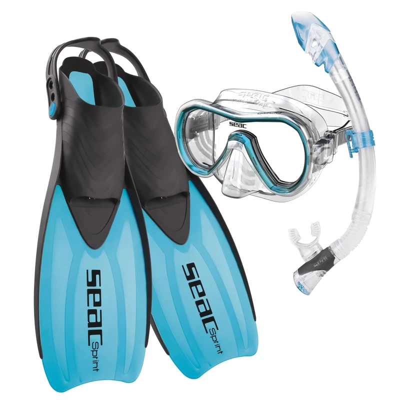 SEAC Unisex-Youth Set Sprint Dry Package with Dive Mask, Snorkel and Open Heel Fins, for Kids and Adults
