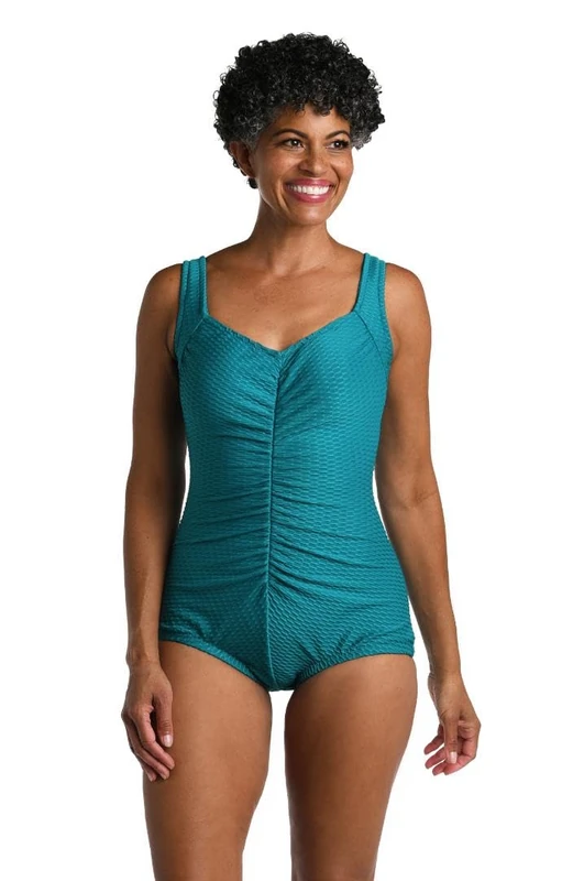 Maxine Of Hollywood Women's Shirred Front Girl Leg One Piece Swimsuit, Emerald//Spa Solid, 20