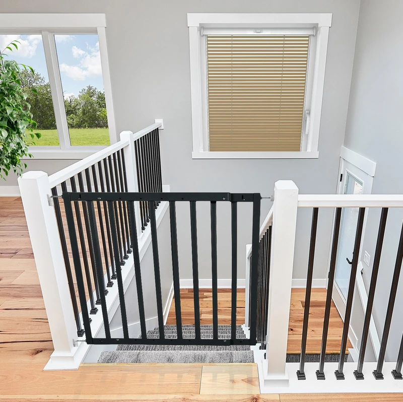 Safetots Top of The Stairs Screw Fitted Stair Gate, Black Wooden, 63.5cm - 105.5cm, Wood Baby Gate, Screw Fit Safety Barrier, Stylish and Practical Safety Gate