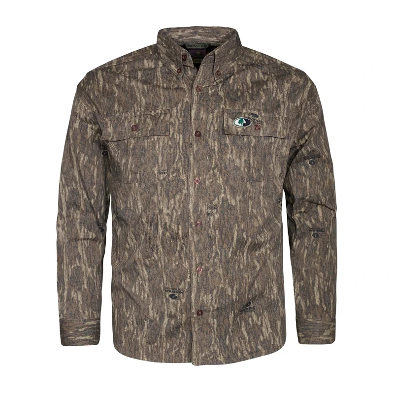 Mossy Oak Unisex's Camouflage Cotton Mill 2.0 Hunt Shirt Long Sleeve, Bottomland, Large