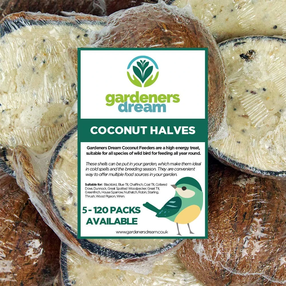 GardenersDream Suet Filled Coconut Halves | Premium Wild Bird Food | Protein-Rich, High Energy Feed | Sunflower Seeds and Cereal Oat | Healthy Development for Birds | Year-Round Feeding (15 Pack)