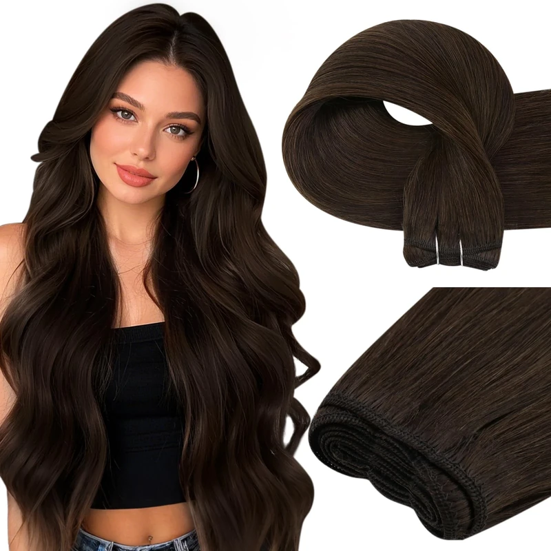 Easyouth Weft Hair Extensions Human Hair Darkest Brown Hair Extensions Sew in Brown Wefts Human Hair Extension Blend Natural with Own Hair 20Inch 100G