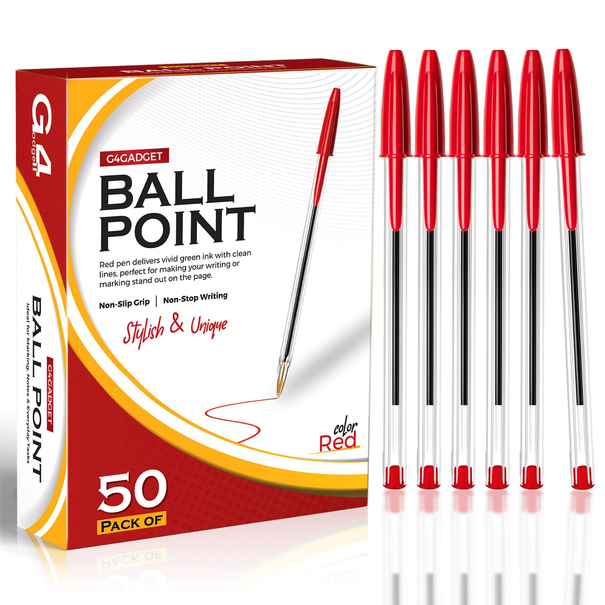 G4GADGET 50 Pack Red Ballpoint Pens – Crisp Red Ink Biros for Precise Marking, Editing & Everyday Writing – Bulk Stationery Set for School, Work & Home – Medium Tip Office Pens