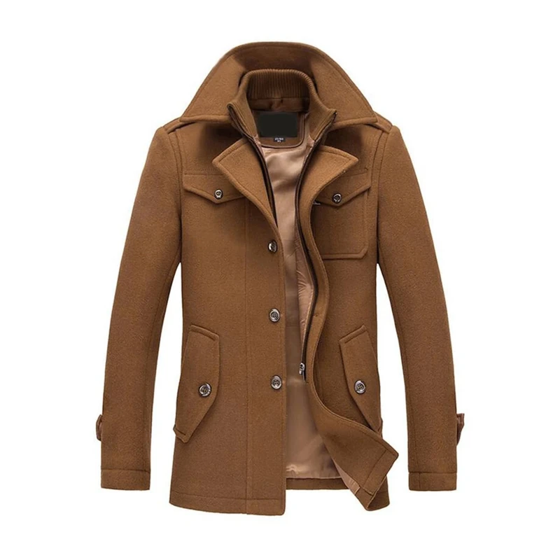 YOUTHUP Mens Wool Coats Casual Thick Short Winter Trench Coat Regular Fit Peacoat with Detachable Inner Collar, Brown-thin, M