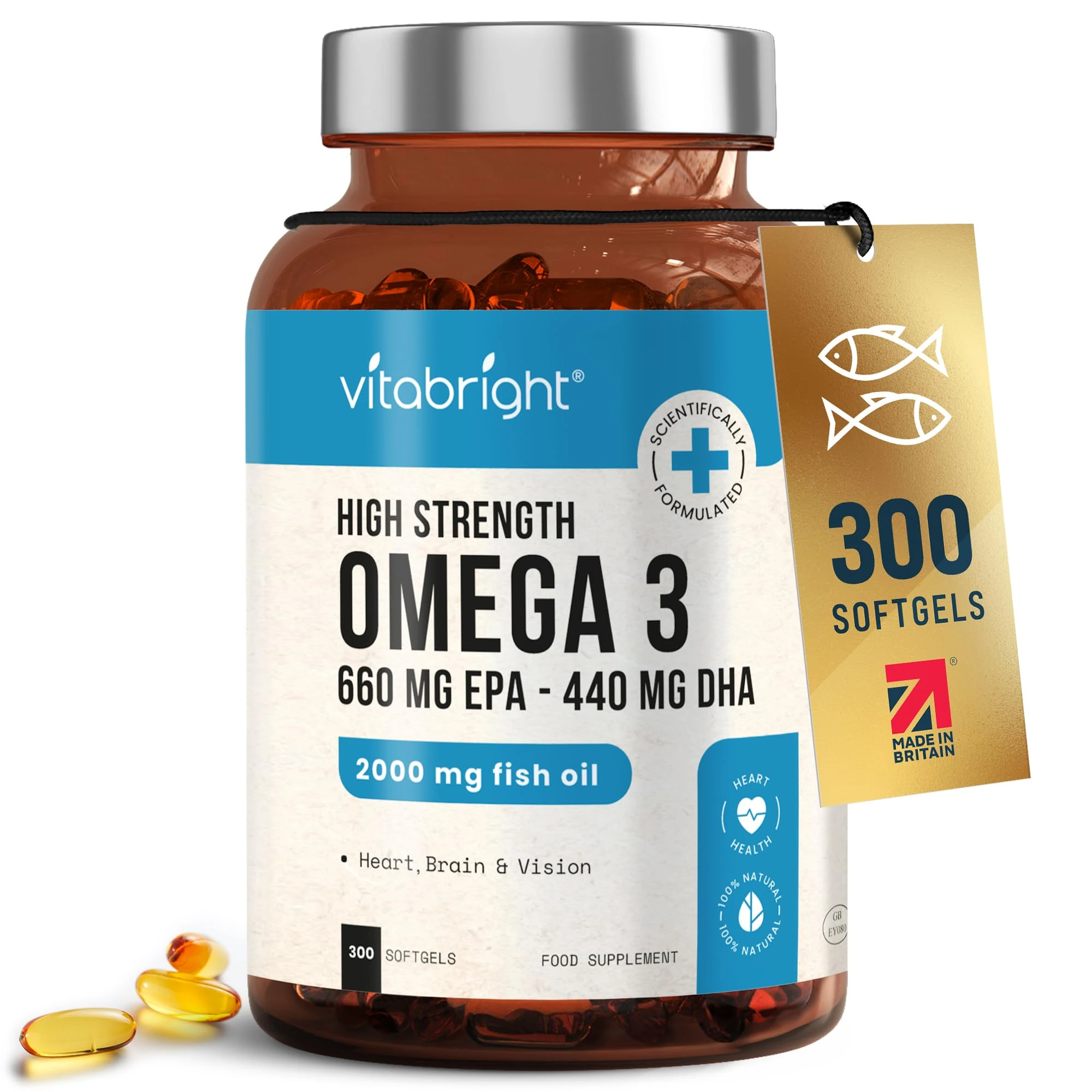 Omega 3 Capsules High Strength | 2000mg | 660 EPA + 440 DHA | 5 Months | Omega 3 Fish Oil Tablets | Triglycerides & Brain Supplement | Alternative to Cod Liver Oil Capsules High Strength | VitaBright