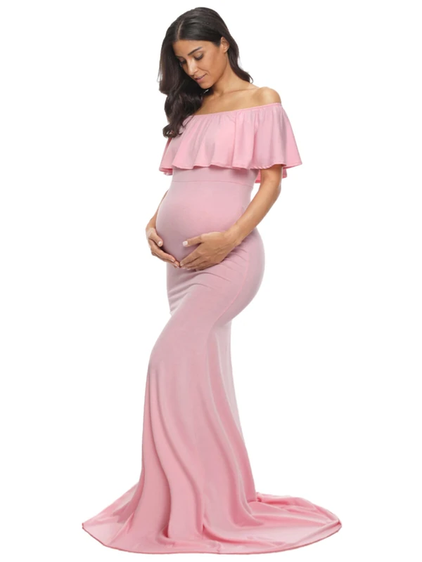 Glampunch Womens Off Shoulder Maternity Dress Ruffles Elegant Slim Gowns Fit Maxi Photography Dress, A-Pink, Medium