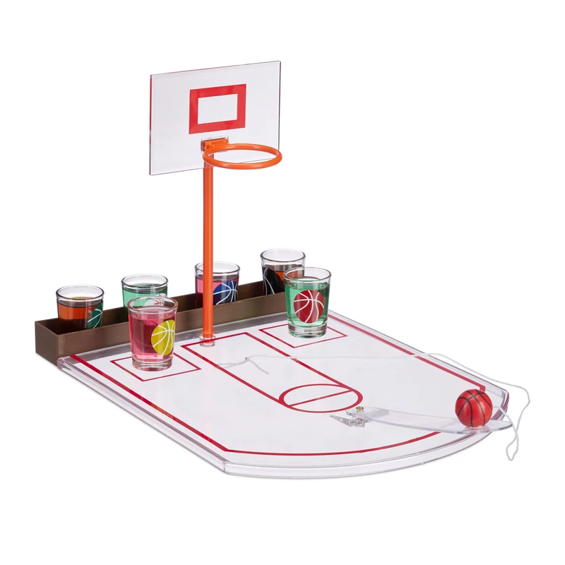 Relaxdays Basketball Drinking Game, 6 Shot Glasses, Basket + Ball, Party Game HxWxD 22.5 x 24 x 44 cm, Transparent