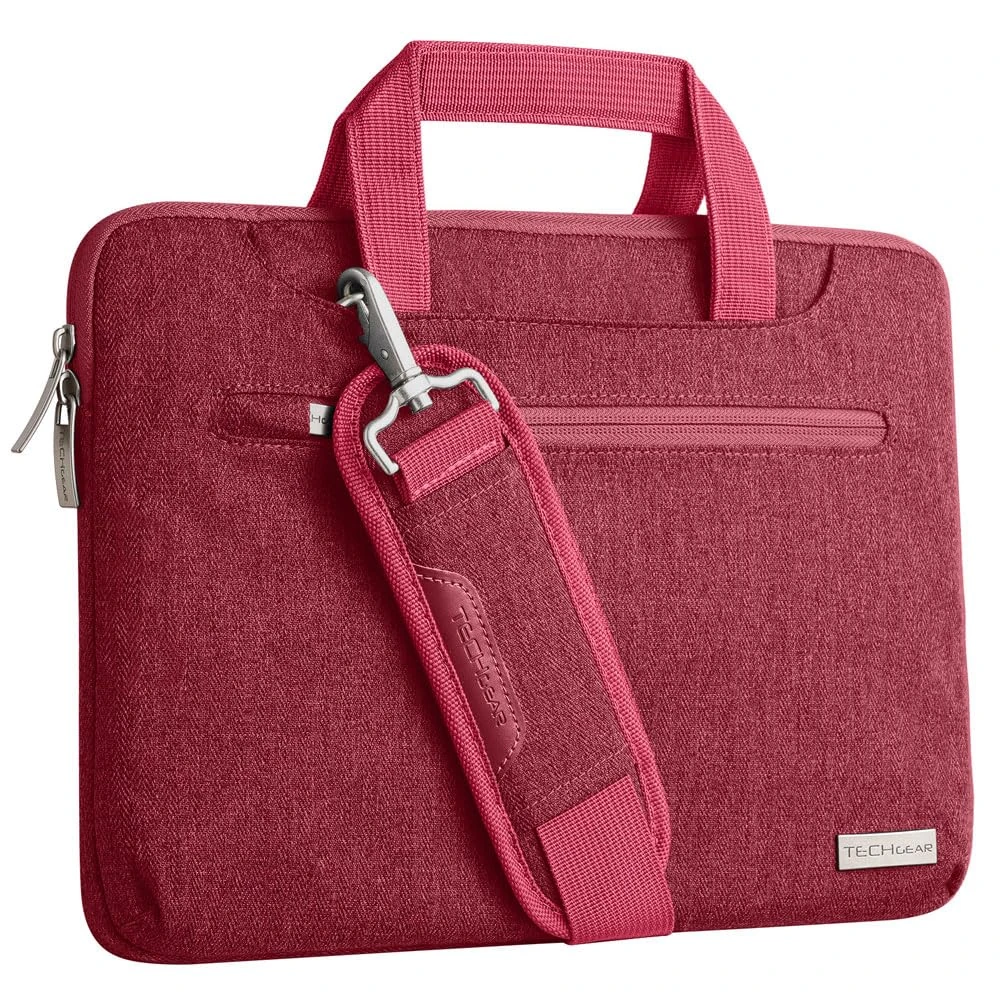 TECHGEAR Case for 12.8" - 13.6" Laptops, Portable Multi-function Laptop Case with Adjustable Shoulder Strap, Luggage Strap & Suppressible Handles, Portable Sleeve Organiser Case Cover + Pockets RED