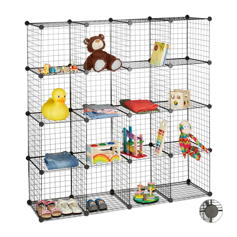 Relaxdays Modular Grid Shelf, 16 Compartments, Cube Shelf, Open Cabinet Storage System, 35 x 35 cm, DIY Metal Rack, Black