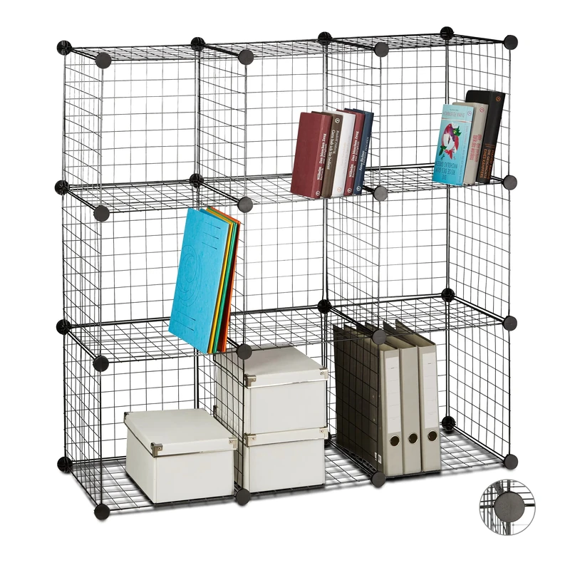 Relaxdays Modular Grid Shelf, 9 Compartments, DIY Shelving System, Metal, Open Cube Rack, 35 x 35 cm, Black