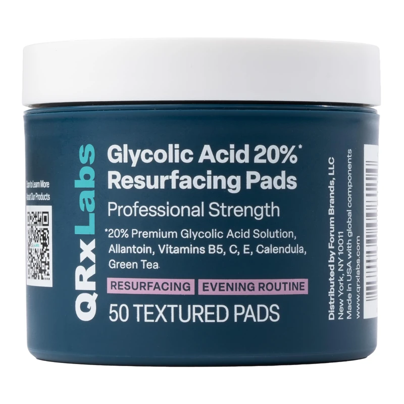 QRxLabs Glycolic Acid 20% Resurfacing Pads With Vitamins B5, C & E, Green Tea, Calendula, Allantoin - Exfoliates Surface Skin And Reduces Fine Lines And Wrinkles