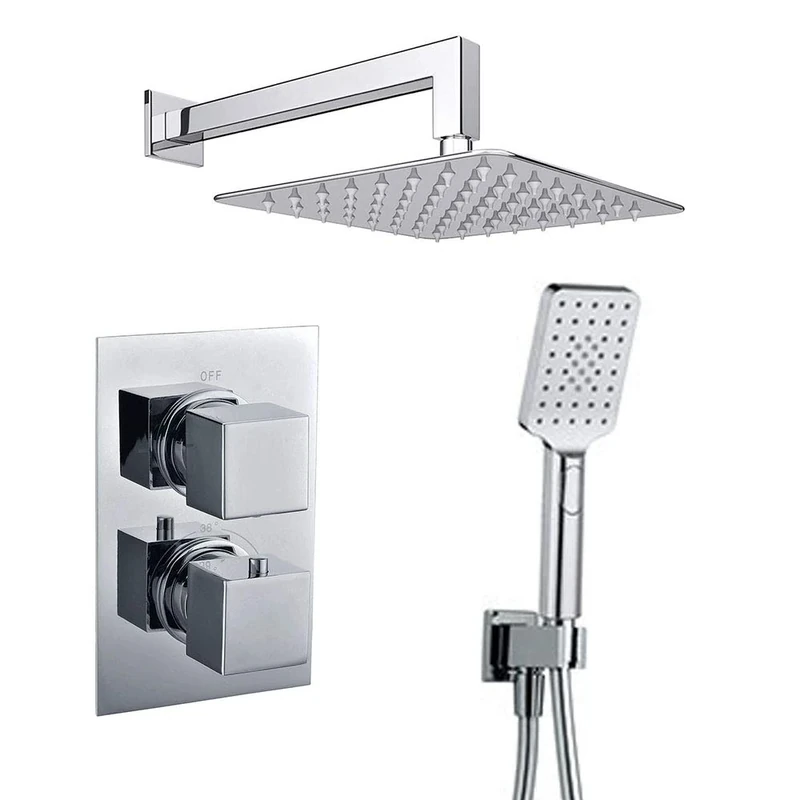 Kibath 407351 Wall Mounted Thermostatic Mixer Tap with Water Connection Bracket PVC Silver Extra Flat Recessed Shower Square Chrome Finish