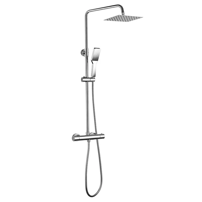 Thermostatic Shower Column Extra Long Cold Quad Extendable from 100cm to 150cm Anti Burn with Hot Tub Shower and Square Spray Head in Shiny Chrome