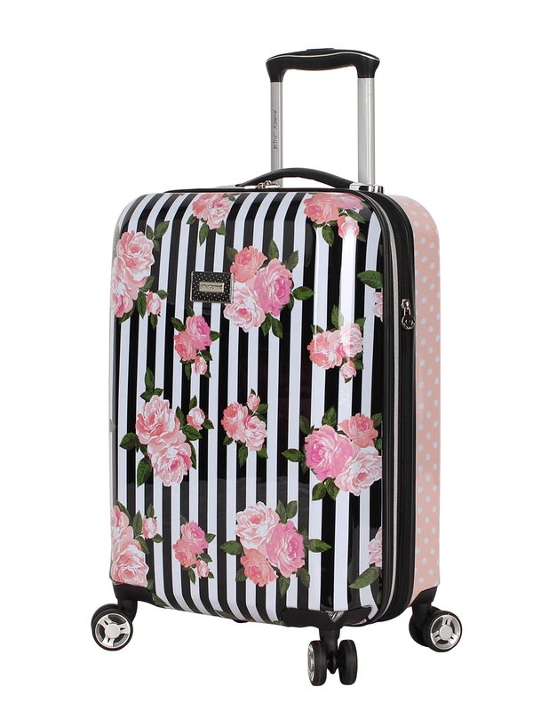 Betsey Johnson Designer 20 Inch Carry On - Expandable (ABS + PC) Hardside Luggage - Lightweight Durable Suitcase with 8-Rolling Spinner Wheels for Women, Stripe Roses, 20 inches, Leisure