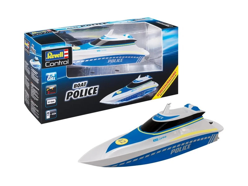 Revell Control 24138 Remote Control Boat "Police" With Precise 2.4 GHz Control, 2 Powerful Electric Motors, Powerful Li-Ion Battery, 2 Channel, Propellers Start Only In Water, 34.5cm in length