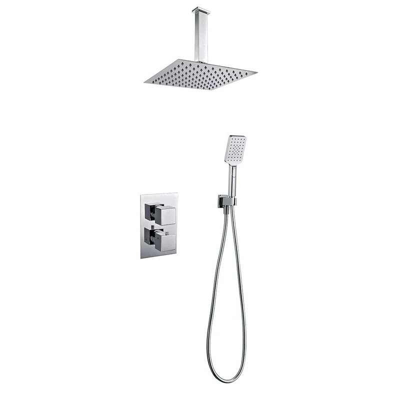 Kibath 153694 Built-in Shower Thermostatic Fitting Ceiling Outlet Bracket with Water Connection PVC Silver Shower Arm and Extra Flat Recessed Shower Square Chrome Gloss