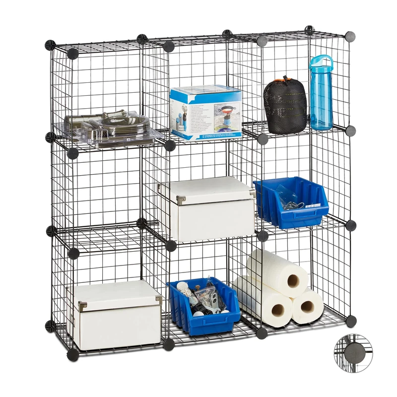 Relaxdays Modular Grid Shelf, 9 Compartments, DIY Shelving System, Metal, Open Cube Rack, 30 x 30 cm, Black