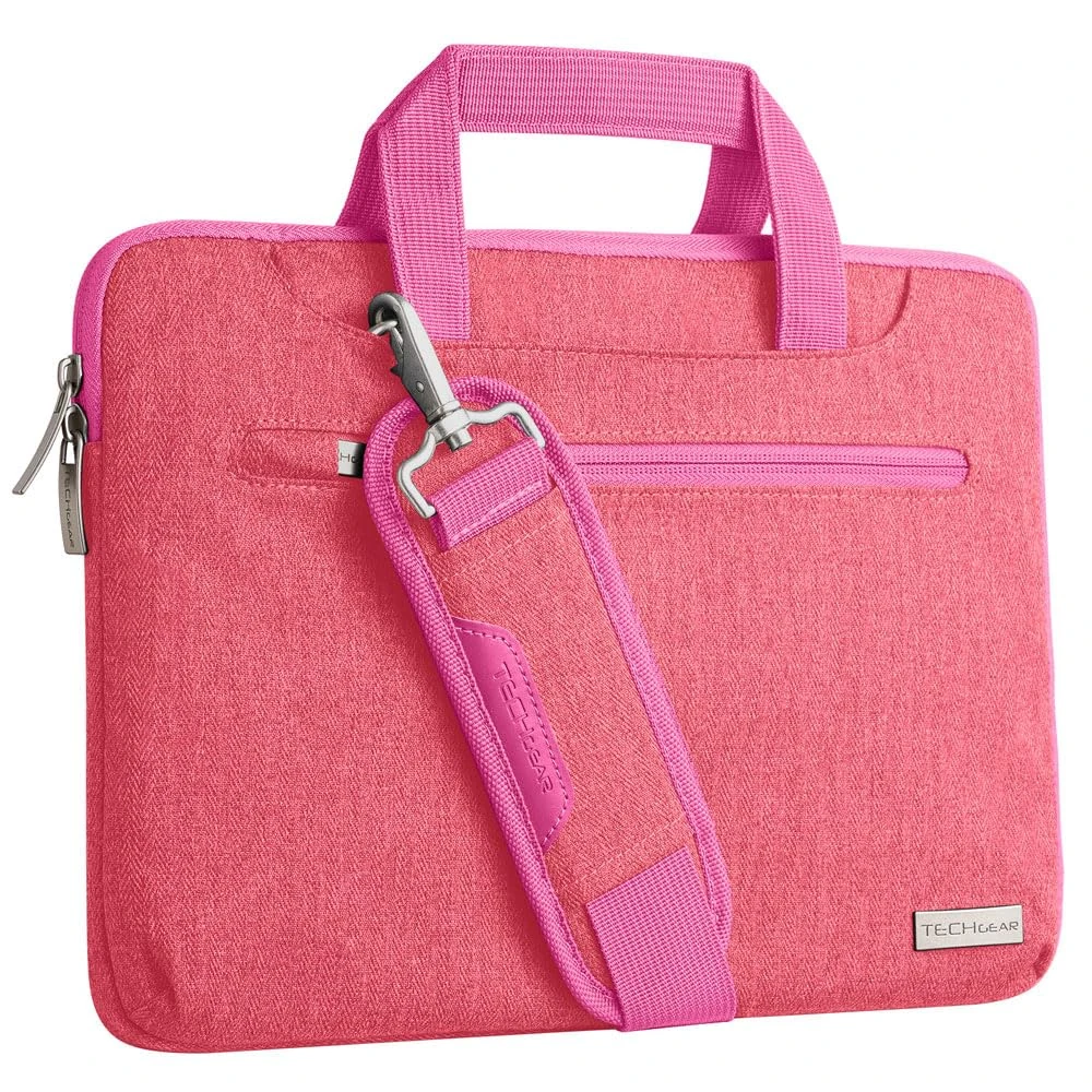 TECHGEAR Case for 11" - 12.3" Laptops, Portable Multi-functional Laptop Case with Adjustable Shoulder Strap, Luggage Strap & Suppressible Handles, Portable Sleeve Organiser Case Cover + Pockets PINK
